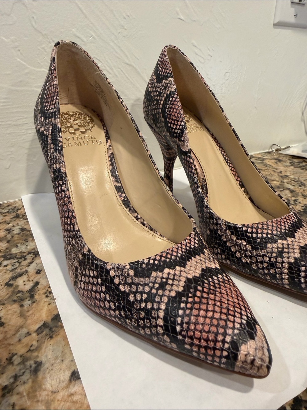 Vince Camuto Pink and Black Snake-Print Pointed Pumps